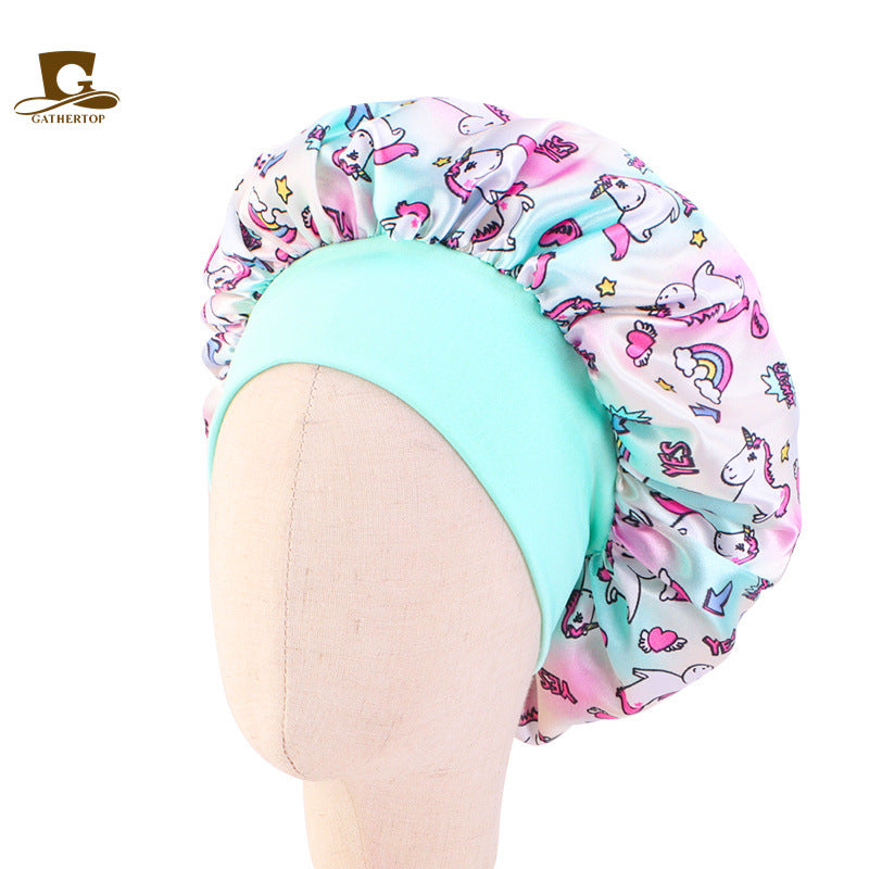 Children's Unicorn Cartoon Printed Satin Nightcap Tam-o'-shanter Kids' Headwear