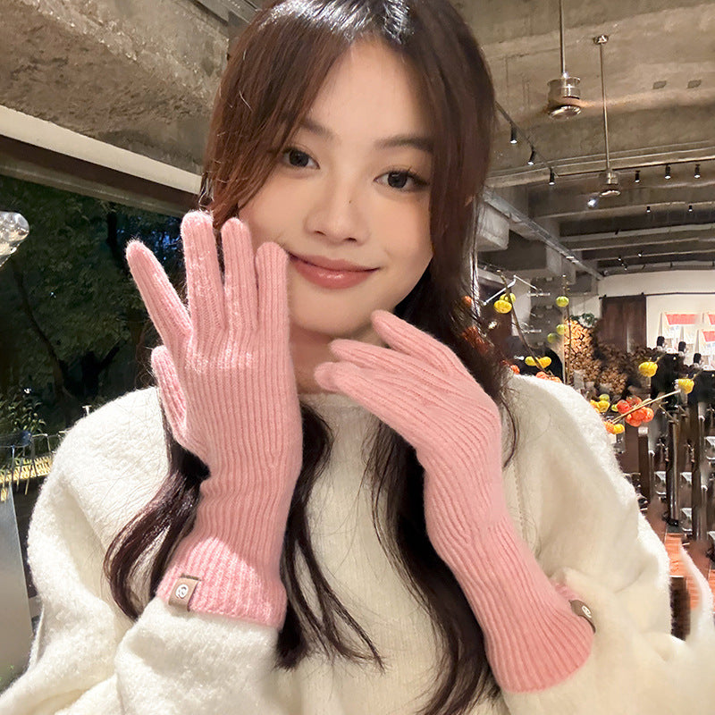 Women's Pink Touchable Screen Finger Winter Knitted Wool Five-finger Gloves