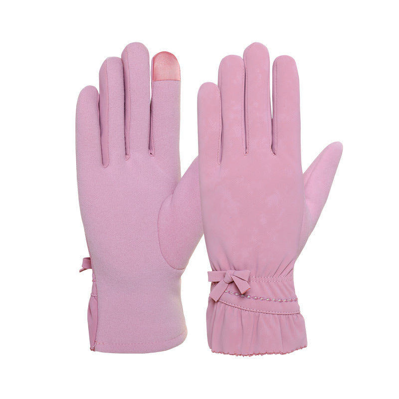 Women's Screen Fleece Lined Padded Warm Keeping Bow Gloves