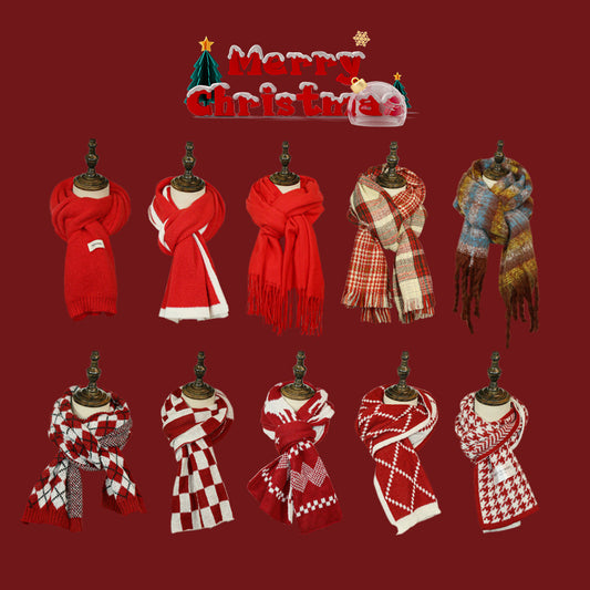 Red Female Winter Check Christmas Knitted Scarfs