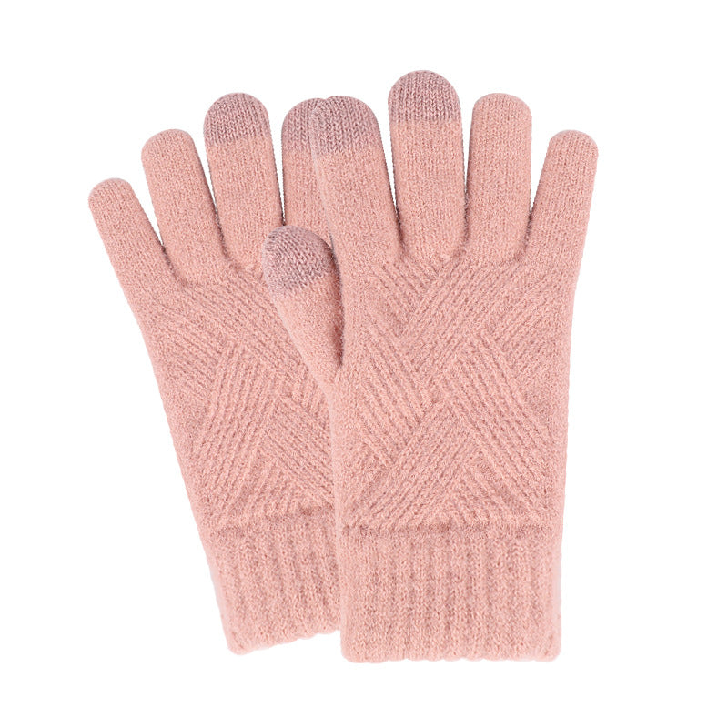 Women's Winter Touch Screen Knitted Double Layer Fleece-lined Five Gloves