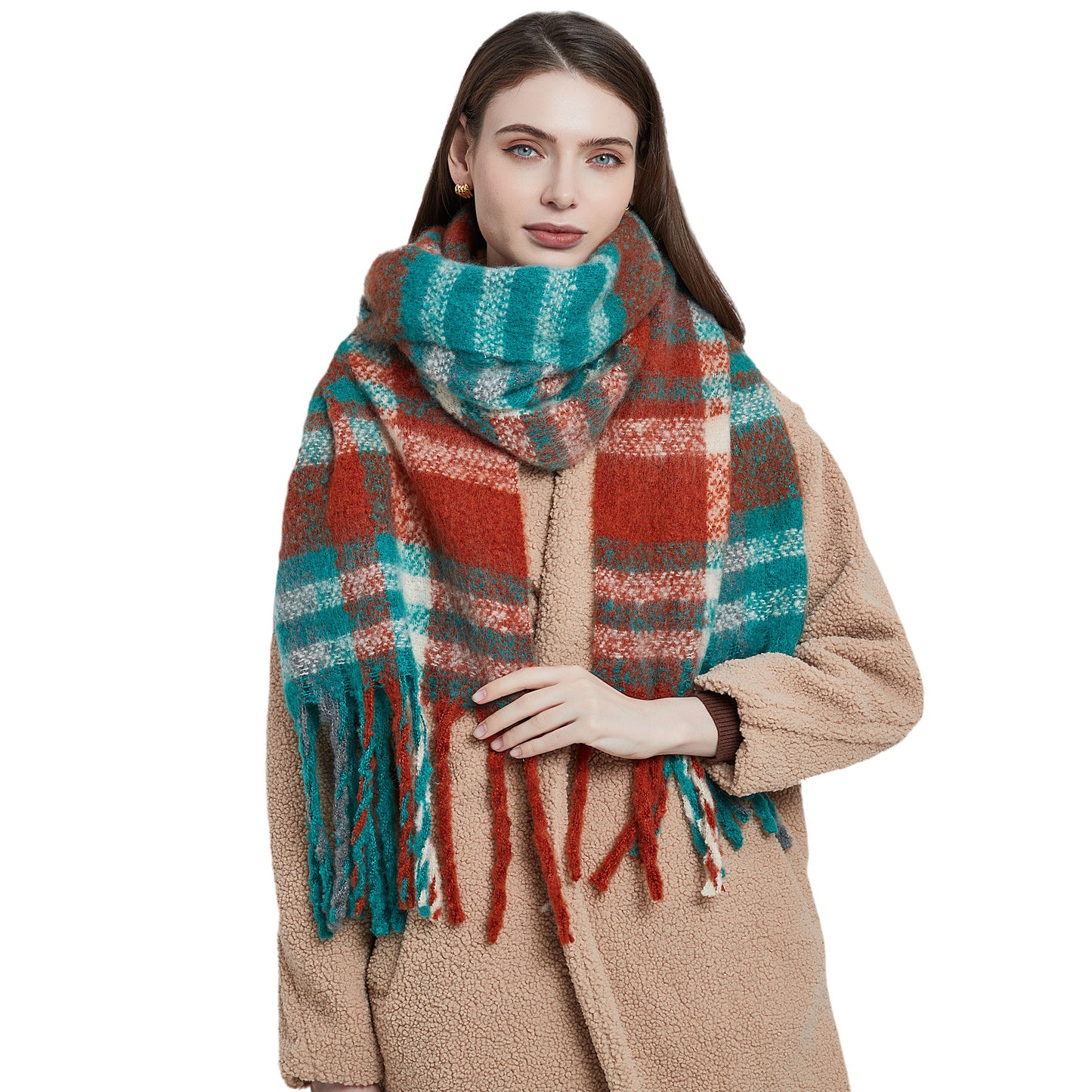 Women's Round Yarn Thickened Thick Tassel Plaid Scarfs