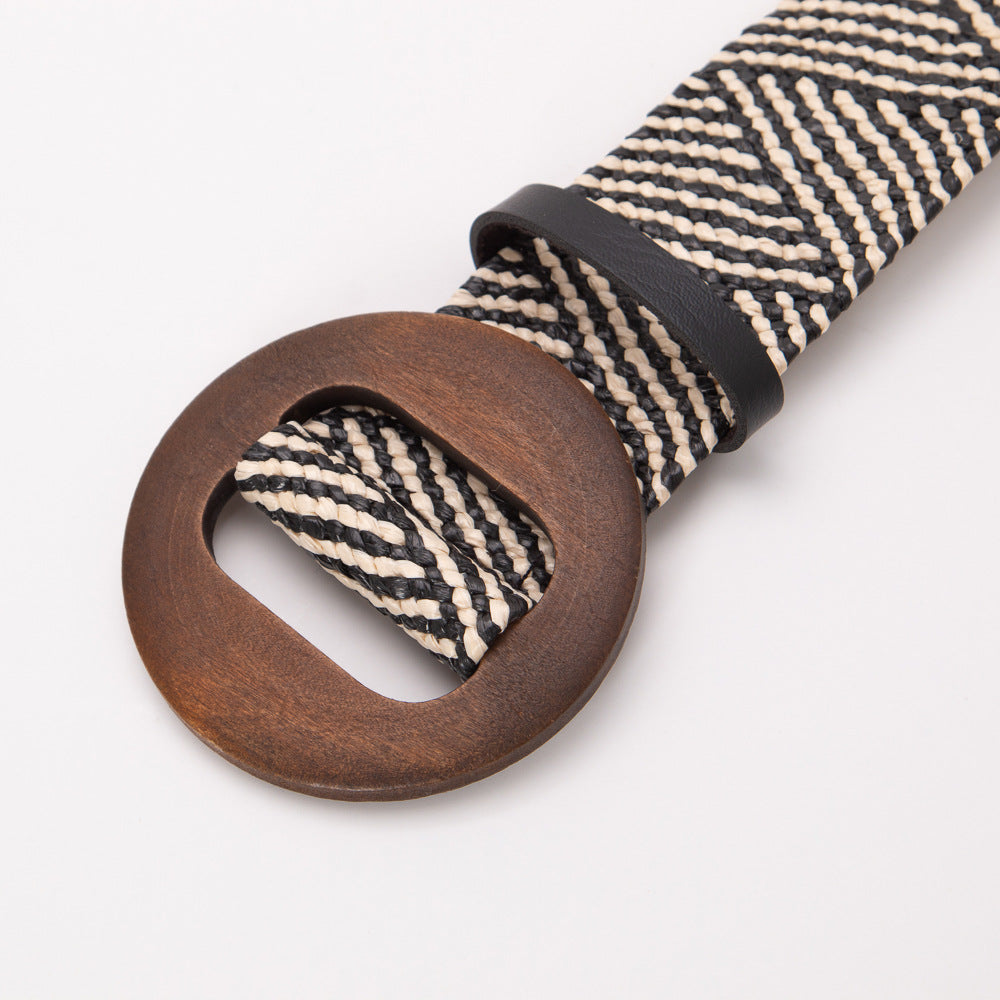 Woven Wooden Buckle Round Elastic Wide Bohemian Belts