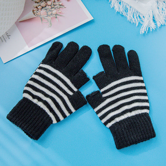 Women's & Men's Fingers Touch Screen Striped Knitted Knitting Gloves