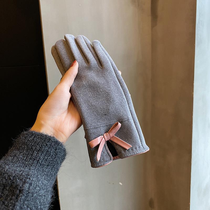 Women's Korean Cute Bow Fleece-lined Thickened Electric Car Gloves