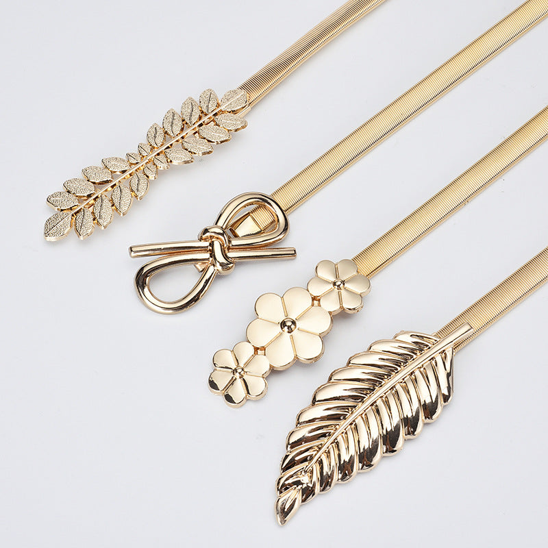 Women's Metal Elastic Golden Leaves Fine Decorative Spring With Belts