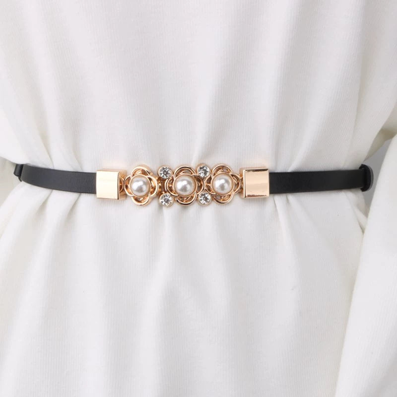 Women's Adjustable Cowhide Pearl Flower Thin Female Ornament Dress Sweater Belts