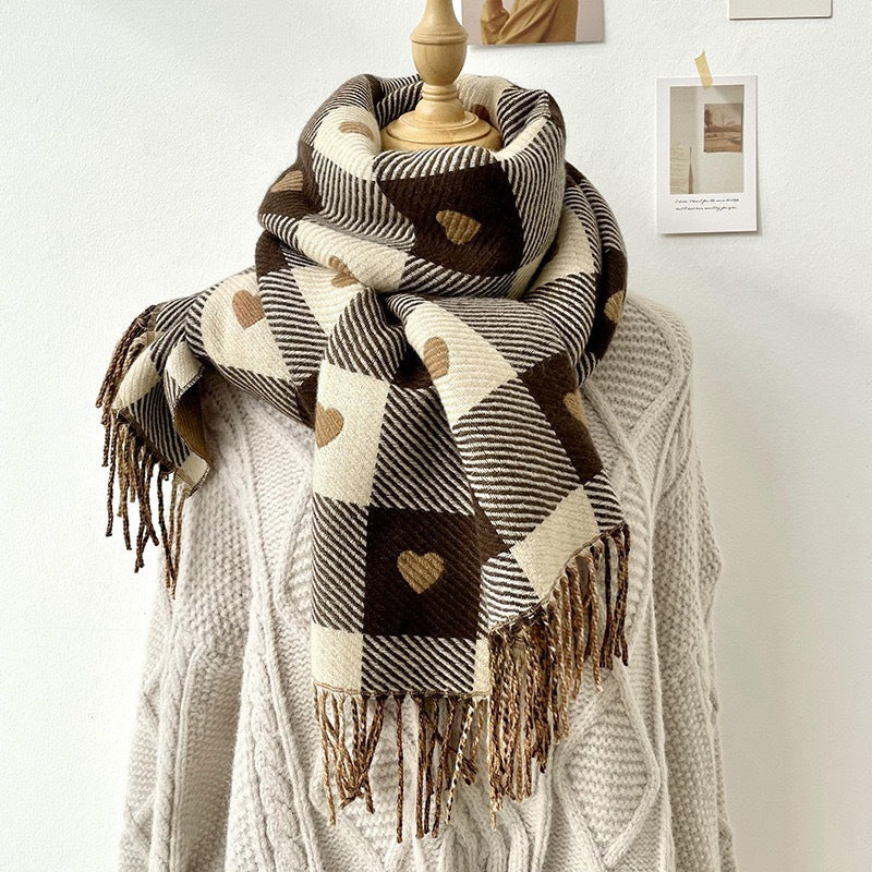 Female With Hearts Thick Checks Fringe Bib Scarfs