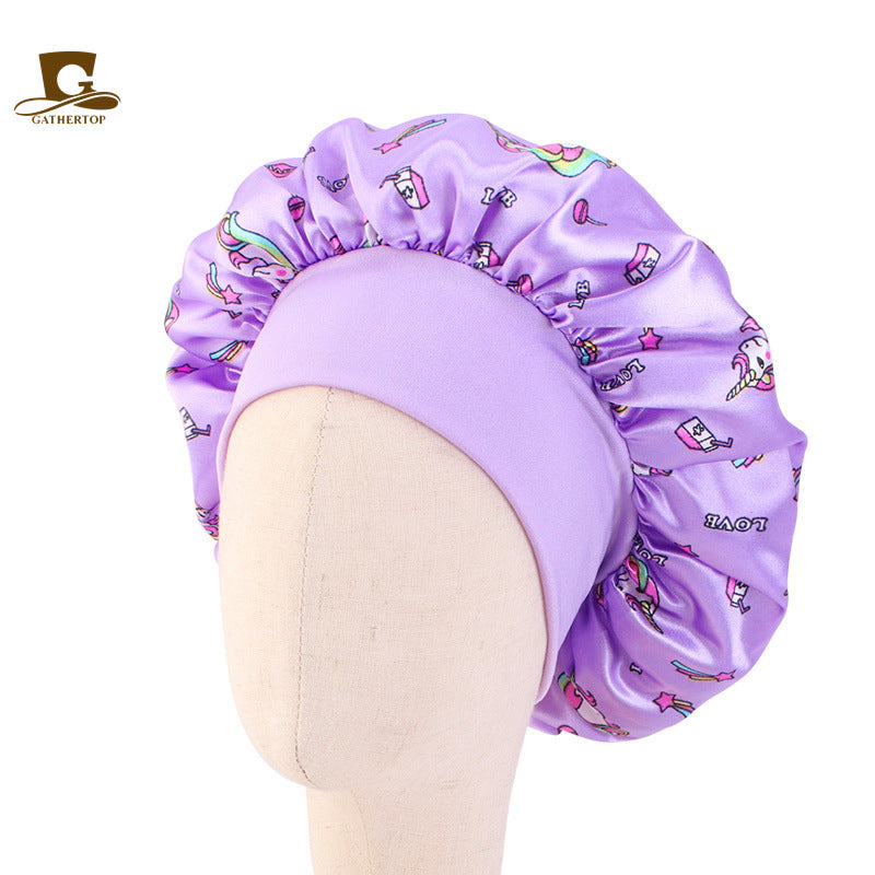 Children's Unicorn Cartoon Printed Satin Nightcap Tam-o'-shanter Kids' Headwear