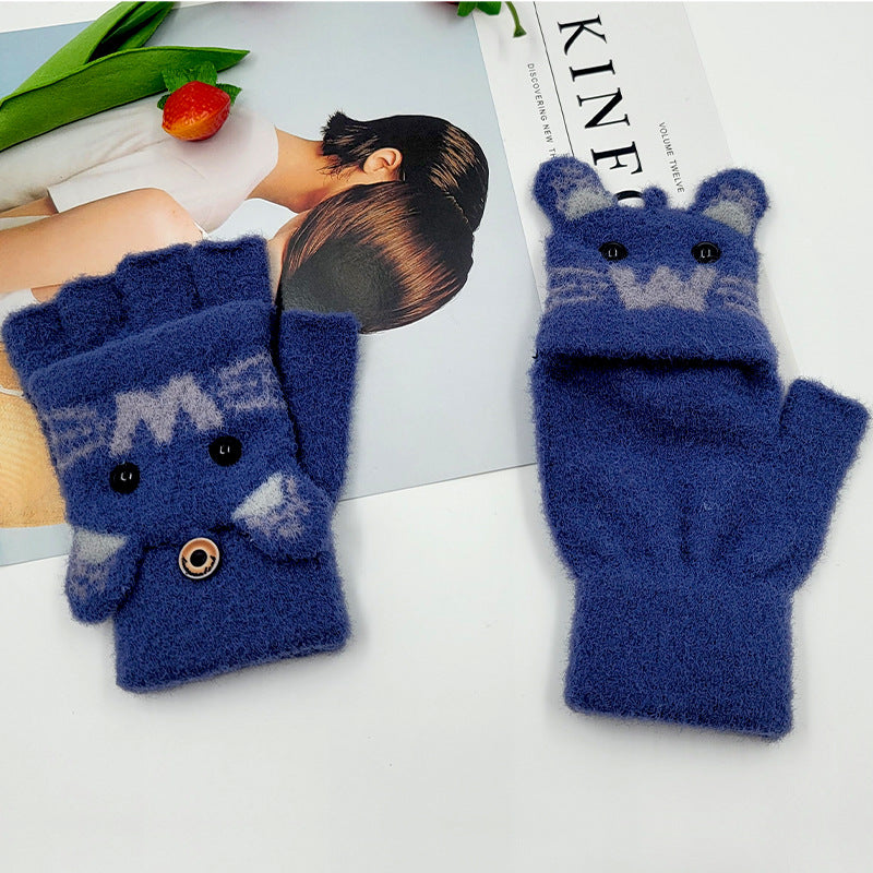 Women's Warm Half Finger Flip Writing Cute Gloves