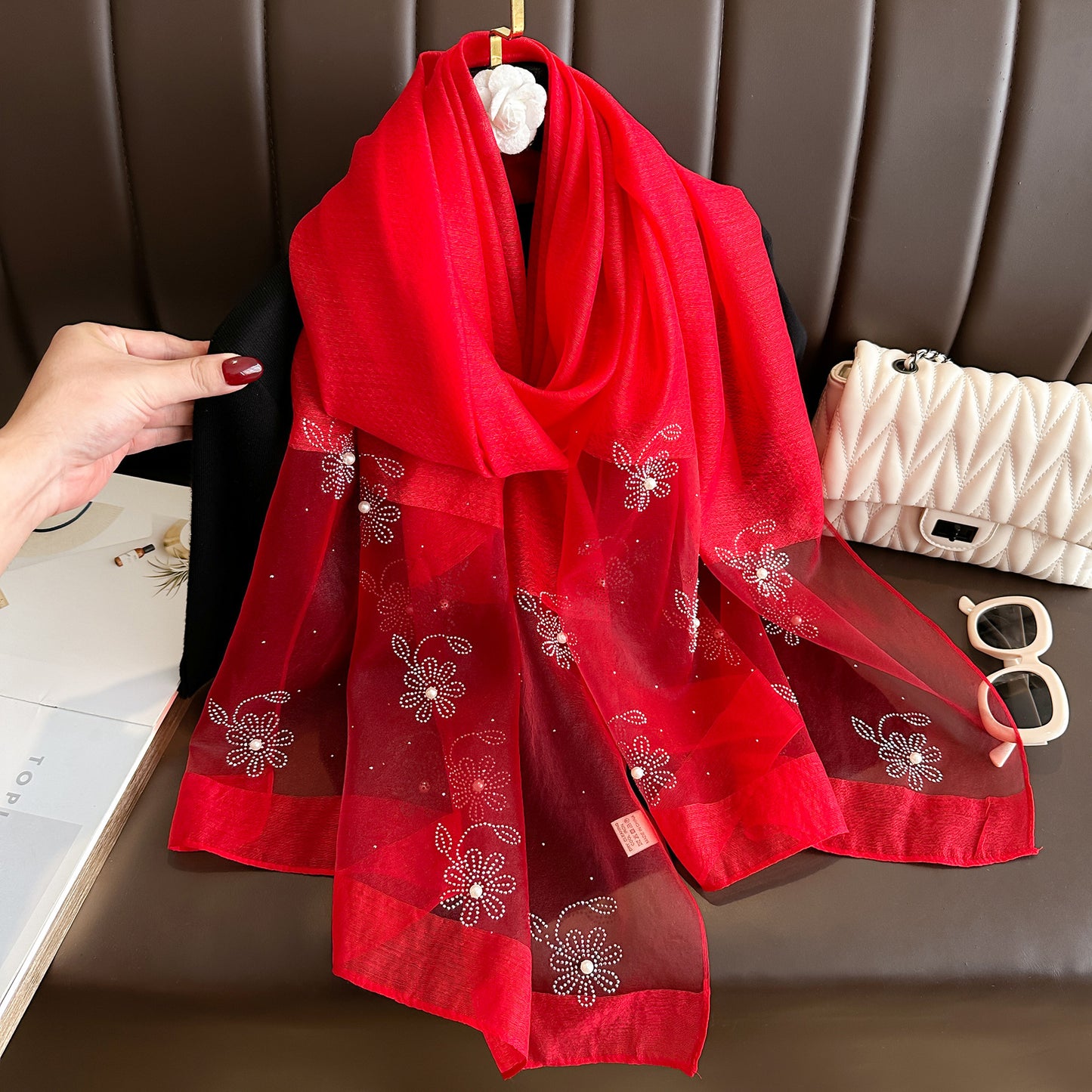 Women's Solid Color Rhinestone Small Flower Pearl Long Scarfs