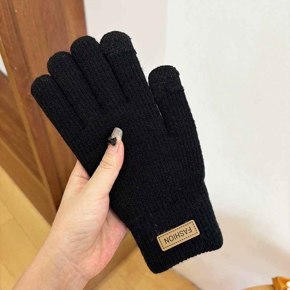 Women's Knitted Knitting Wool Winter Cold Protection Thickening Fleece-lined Candy Gloves