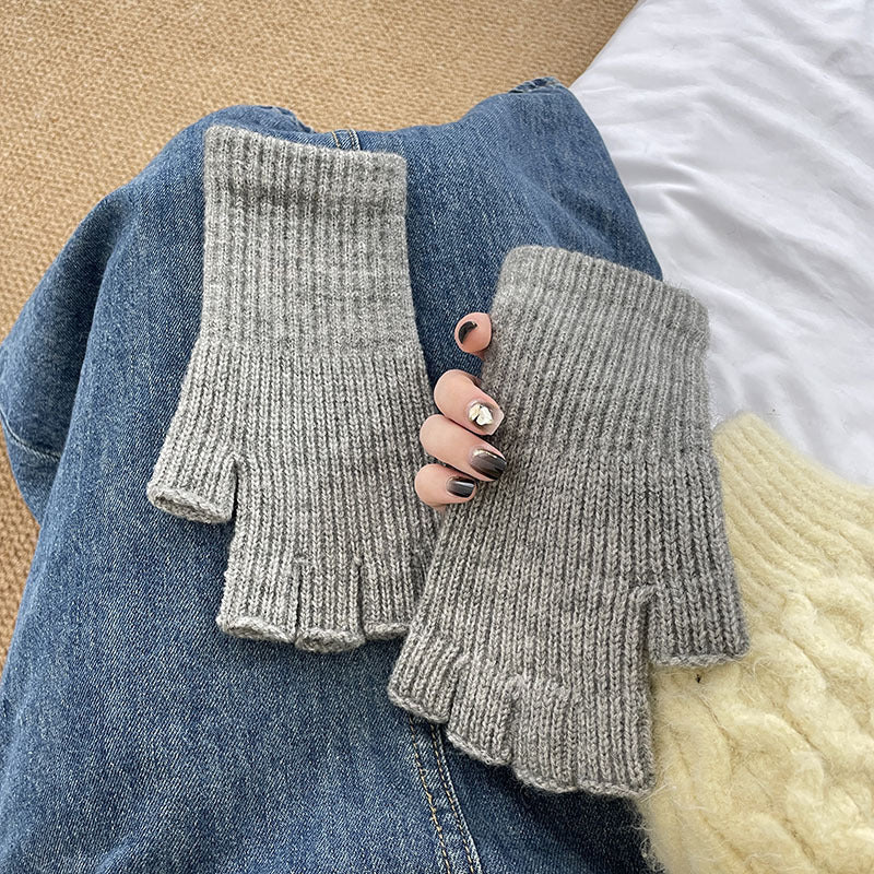 Solid Color Knitted Finger Half Warm Cute Gloves