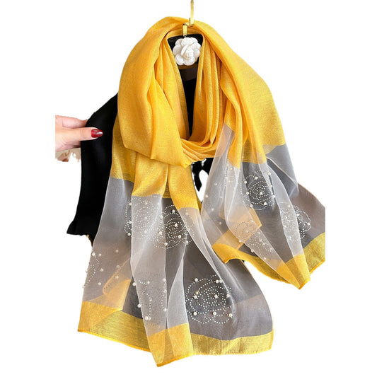 Women's Solid Color Rhinestone Rose Pearl Long Sunscreen Scarfs