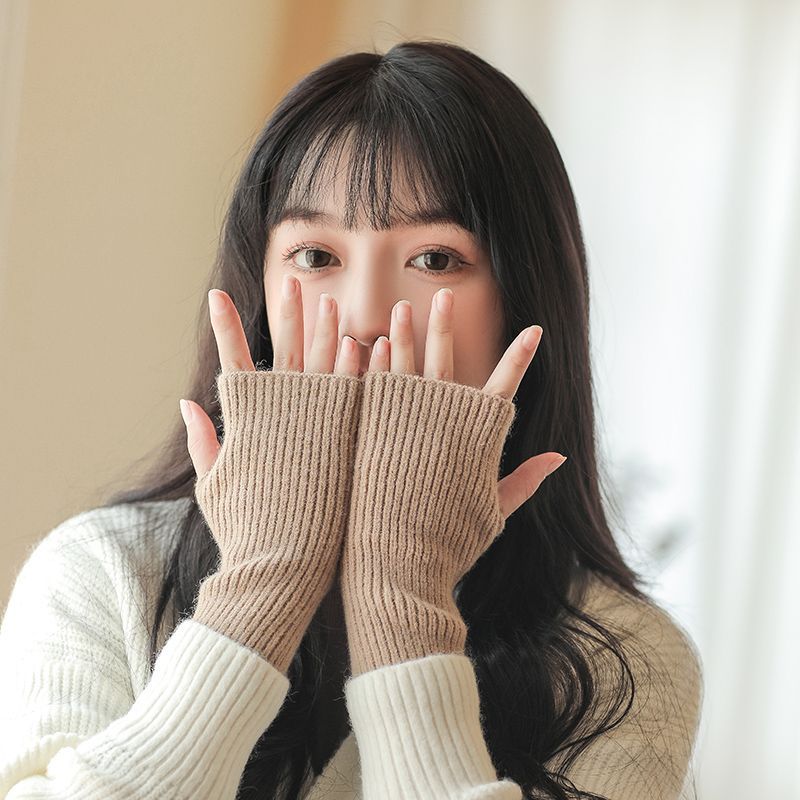 Female Plush Warm Fingerless Writing Knitted Exposed Sleeve Gloves