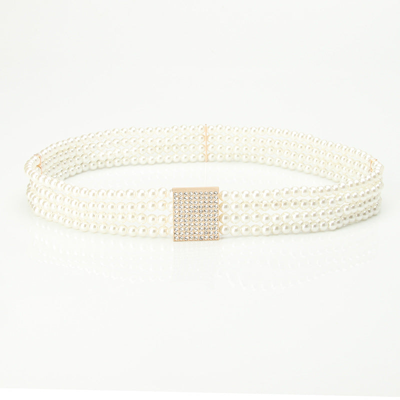 Women's Pearl Diamond Flower Waist Chain Square Belts