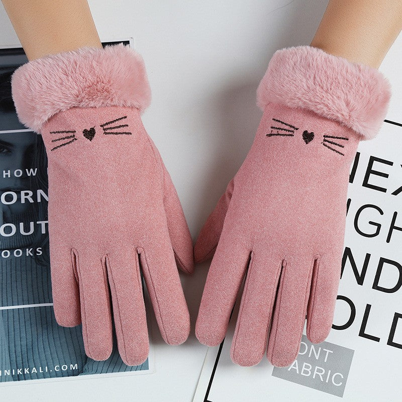 Women's Warm Fleece-lined Thick Windproof Driving Cute Gloves