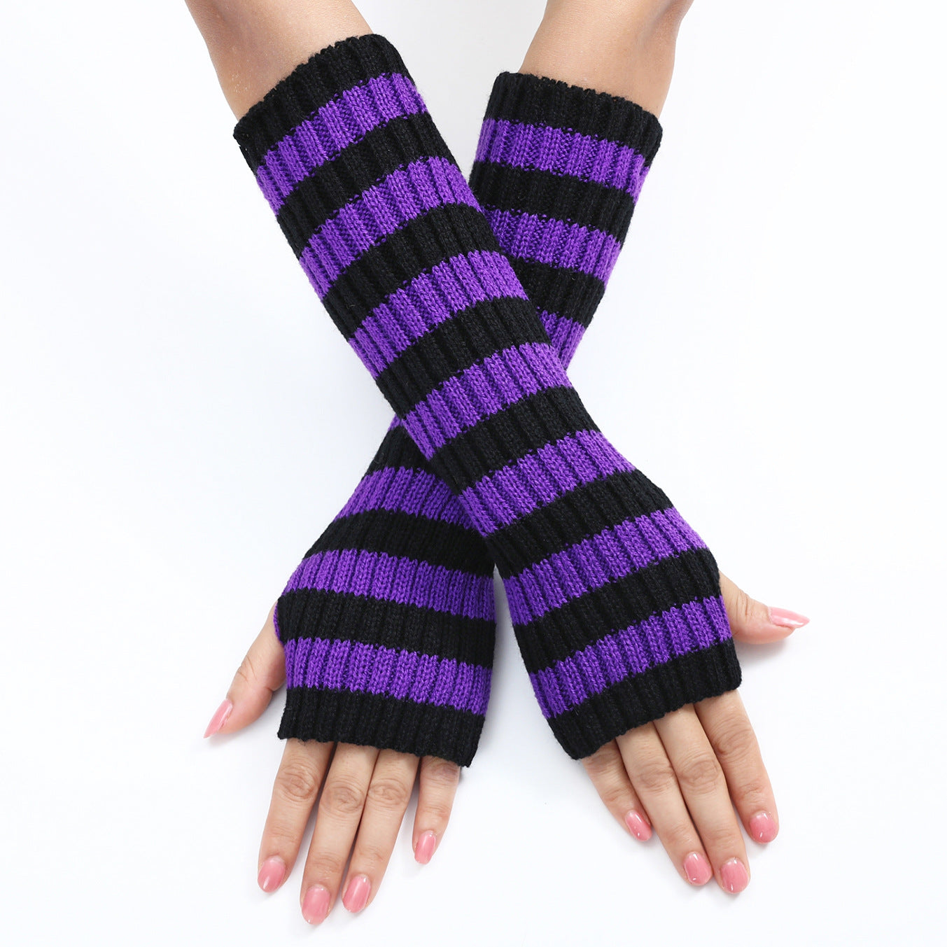 Women's Mixed Color Stripe Knitting Wool Mid-length Open Finger Gloves