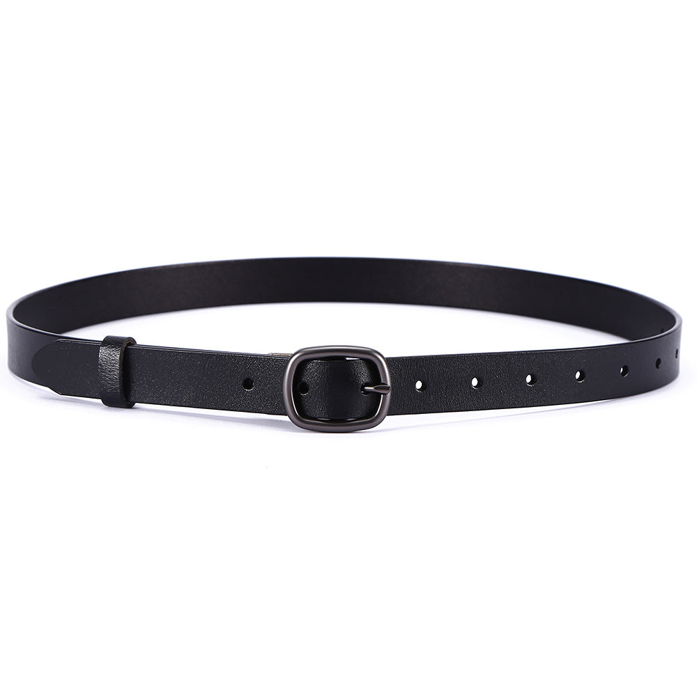 Women's Cowhide Retro Oval Black Buttons Female Belts