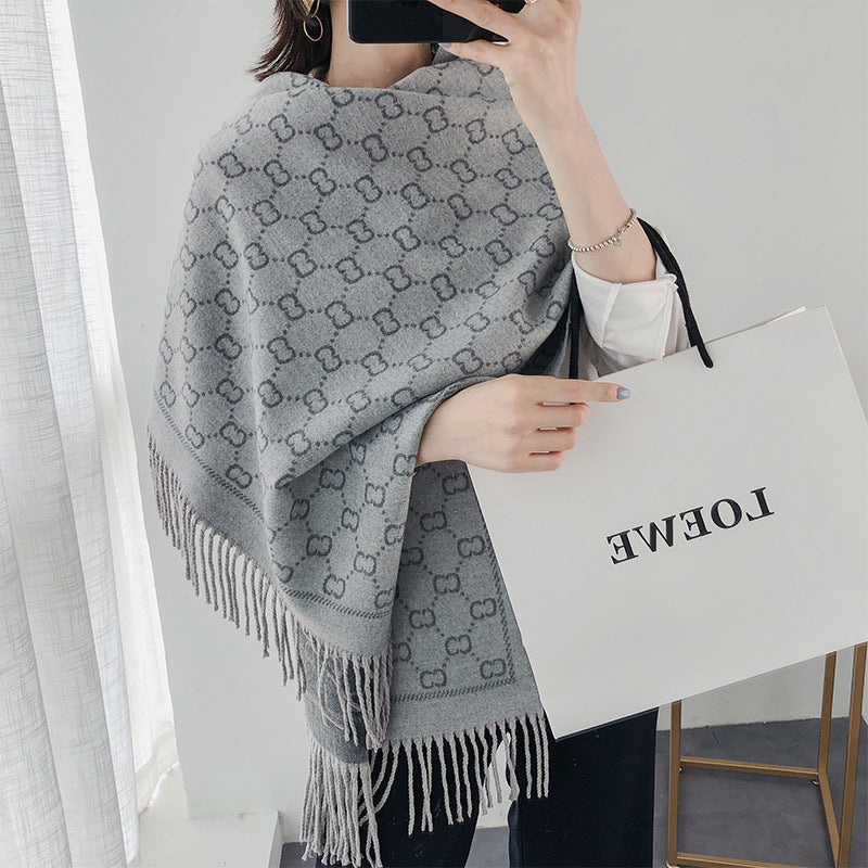 Women's Warm Jacquard Short Beard Tassel Geometric Scarfs