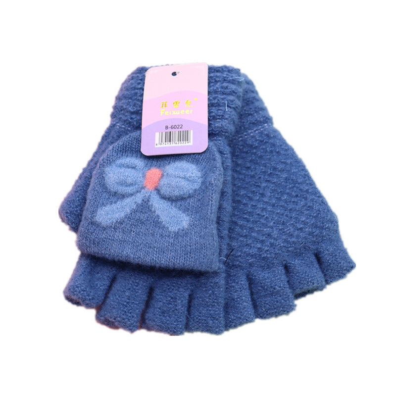 Women's Winter Cute Half Finger Flip Leakage Writing Knitting Gloves