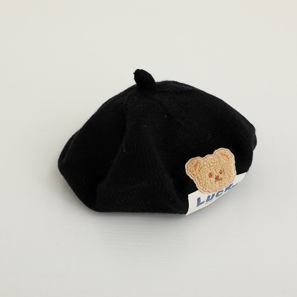 Children's Style Knitted Beret Personalized Letter Bear Painter Warm Kids' Headwear