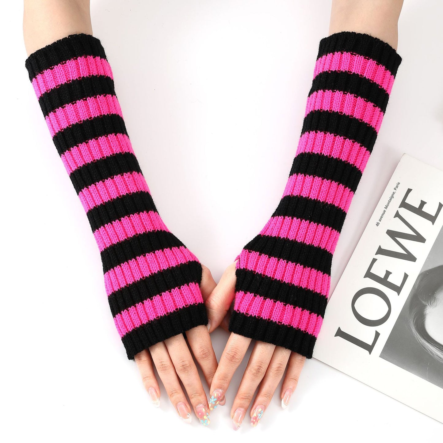 Women's Mixed Color Stripe Knitting Wool Mid-length Open Finger Gloves