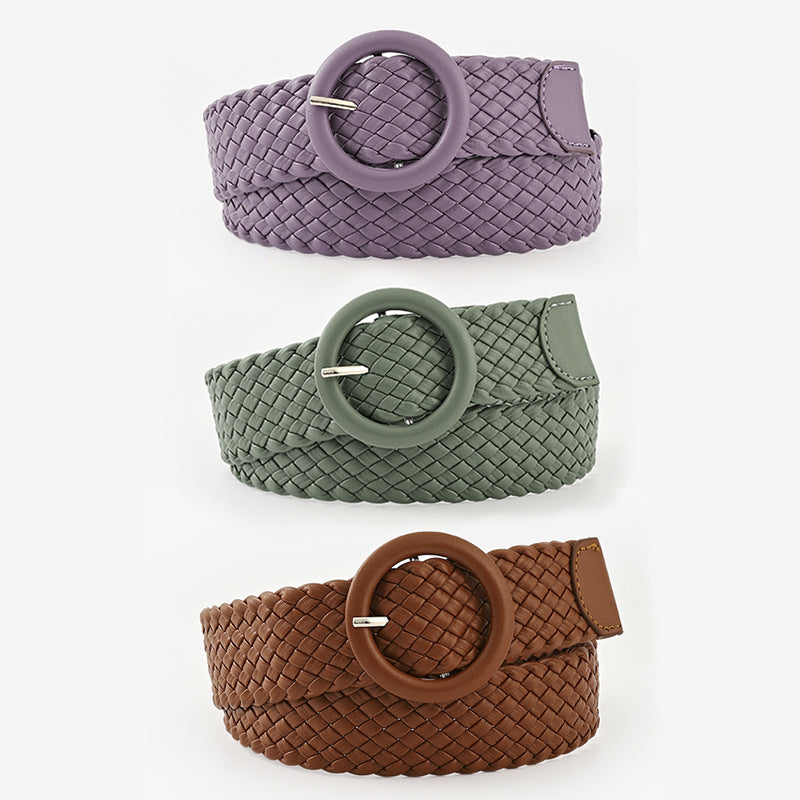 Women's Buckle Round Weaving Female Fashion Candy Belts