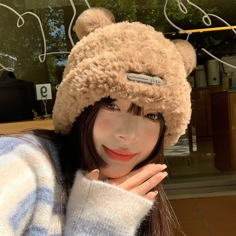 Women's Korean Warm Pairs Of Fur Ball Plush Big Hats & Caps