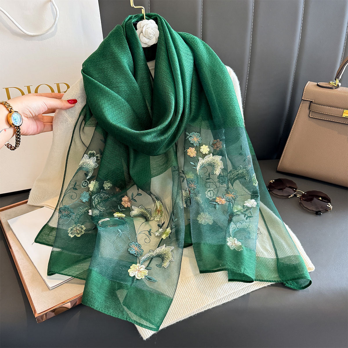 Women's Simple Embroidery Small Flower Artificial Silk Scarfs