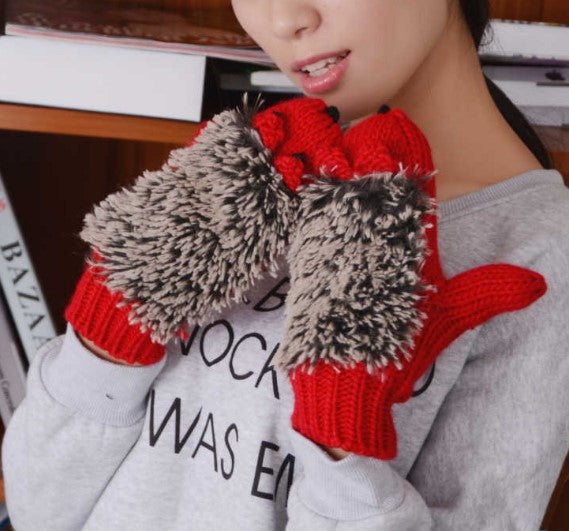 Women's Full Finger Cartoon Hedgehog Winter Korean Gloves