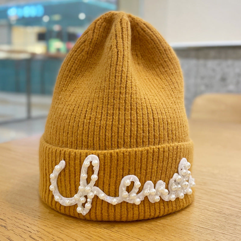 Woolen Hat Female Fashion Bead Letters Solid Color Beanie Hats & Caps