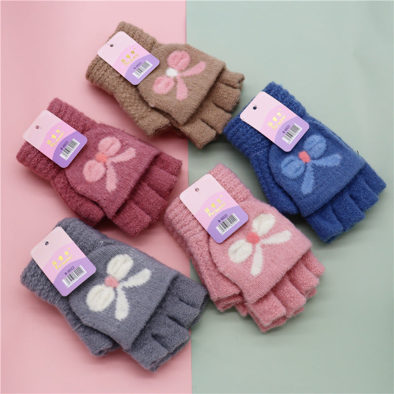 Women's Winter Cute Half Finger Flip Leakage Writing Knitting Gloves