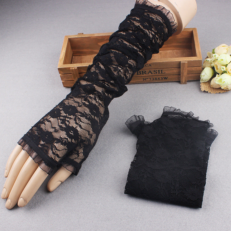 Women's Lace Long Sleeves Pierced Black Sexy Mesh Dinner Gloves