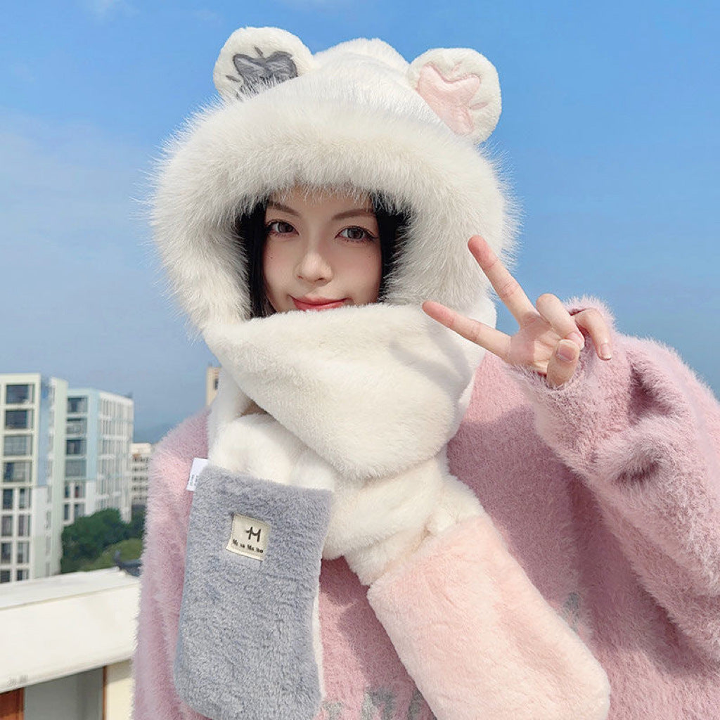 Hat Female Three-piece Set Imitation Rabbit Fur Plush Hats & Caps