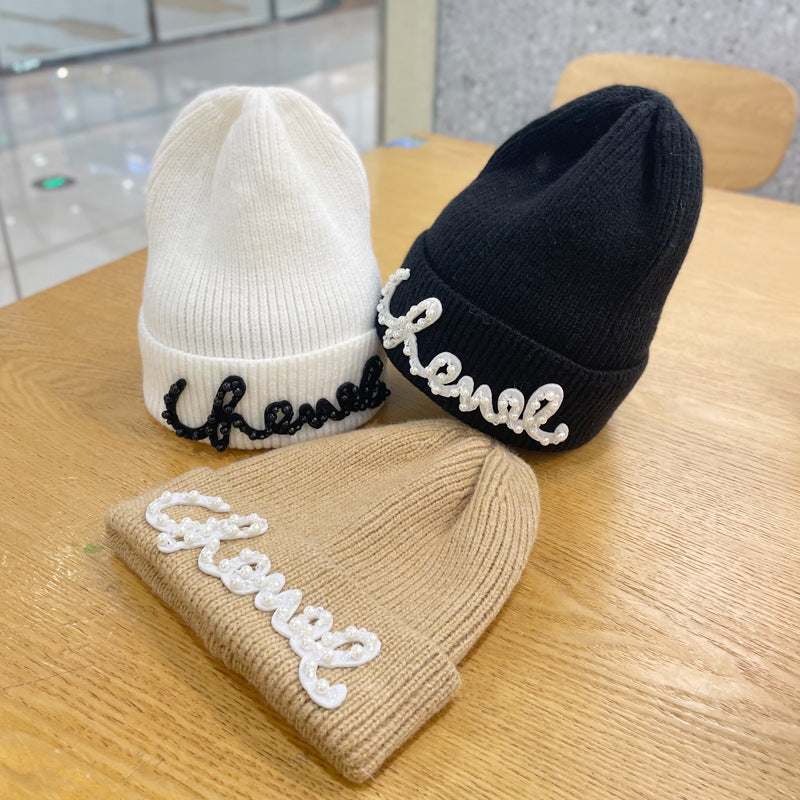 Woolen Hat Female Fashion Bead Letters Solid Color Beanie Hats & Caps