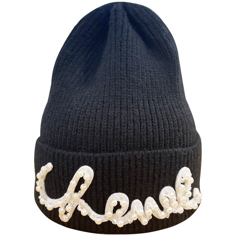 Woolen Hat Female Fashion Bead Letters Solid Color Beanie Hats & Caps