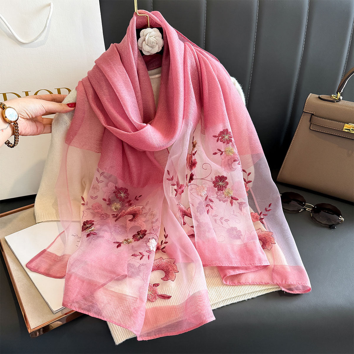 Women's Simple Embroidery Small Flower Artificial Silk Scarfs