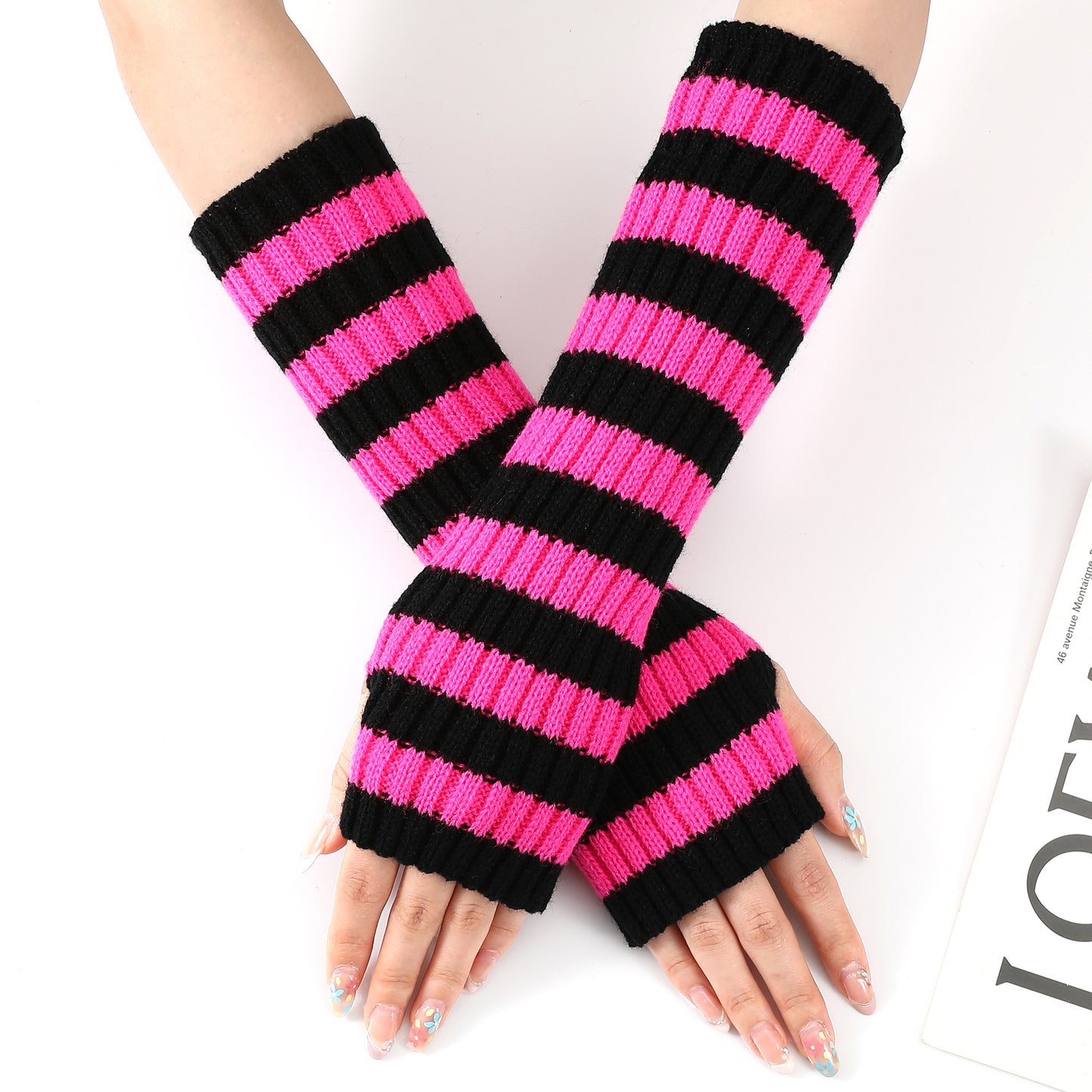 Women's Mixed Color Stripe Knitting Wool Mid-length Open Finger Gloves