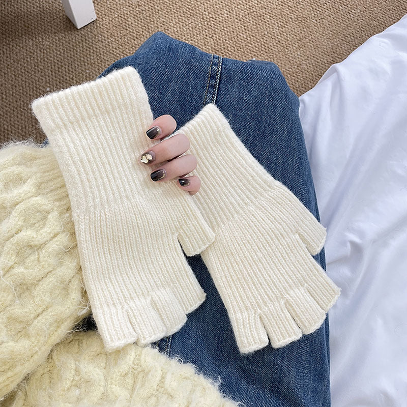 Solid Color Knitted Finger Half Warm Cute Gloves