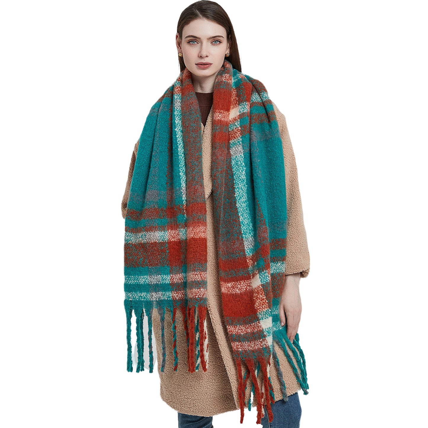 Women's Round Yarn Thickened Thick Tassel Plaid Scarfs