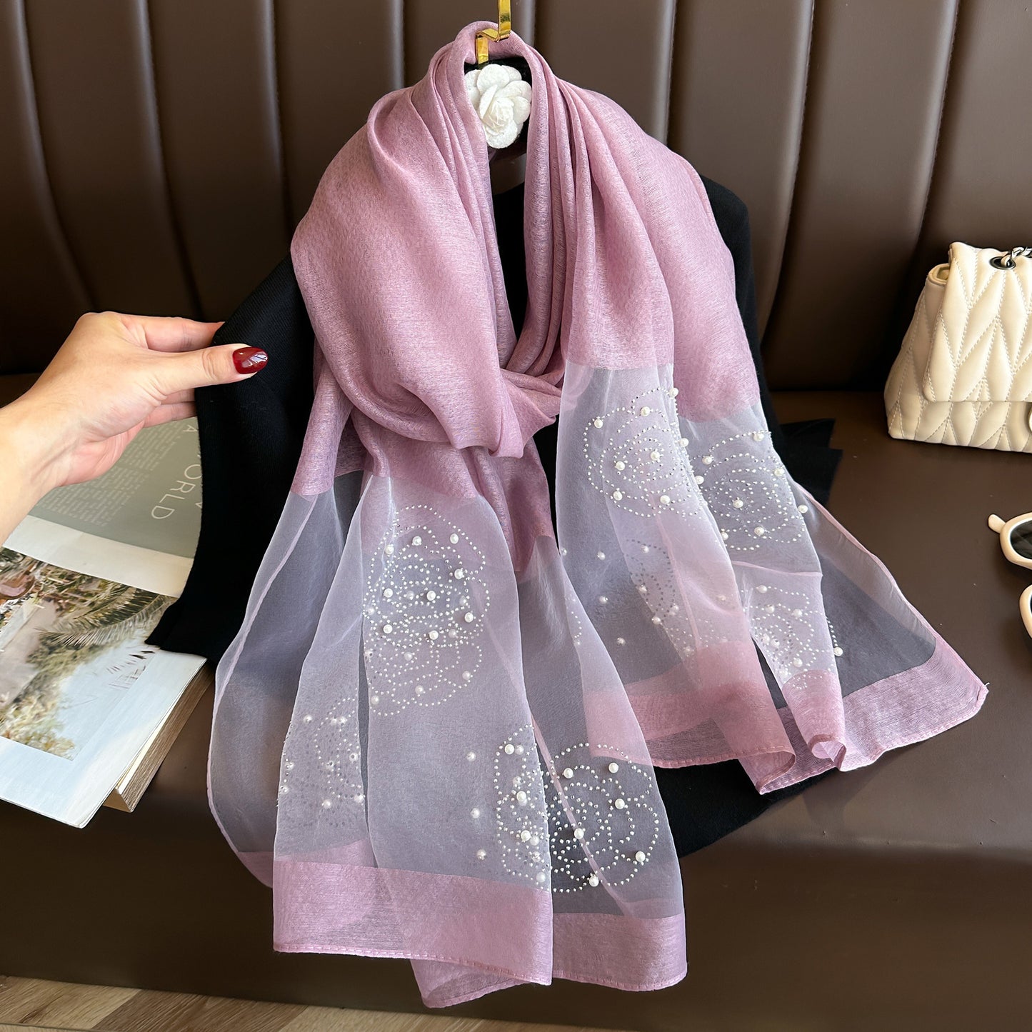 Women's Solid Color Rhinestone Rose Pearl Long Sunscreen Scarfs