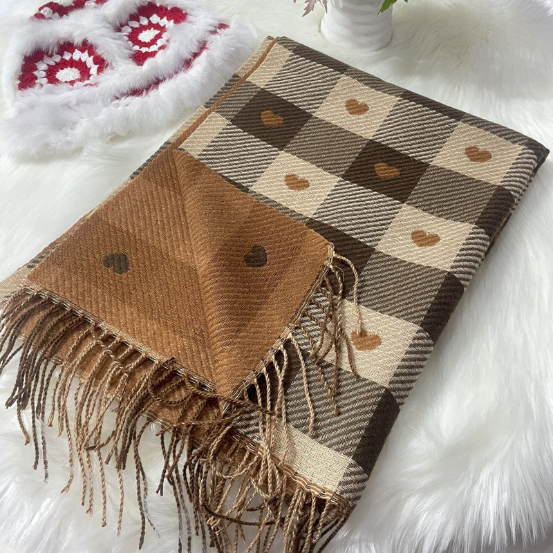 Female With Hearts Thick Checks Fringe Bib Scarfs