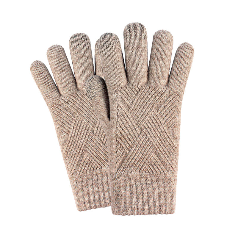 Women's Winter Touch Screen Knitted Double Layer Fleece-lined Five Gloves