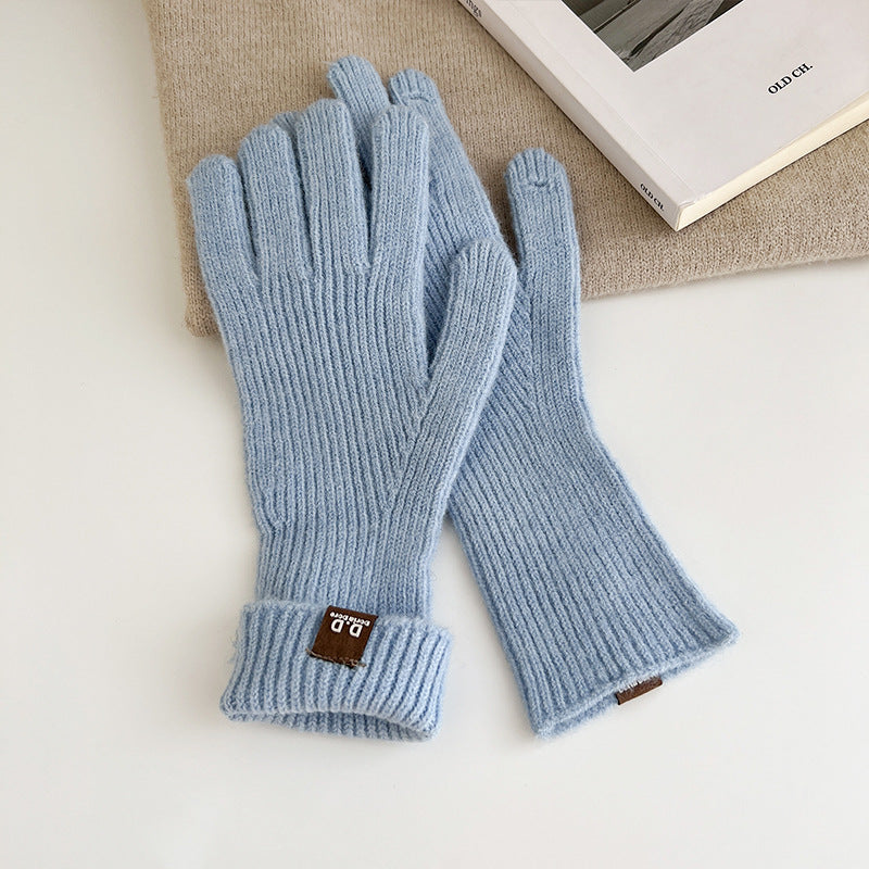 Women's Solid Color Long Thickened Warm Finger Gloves