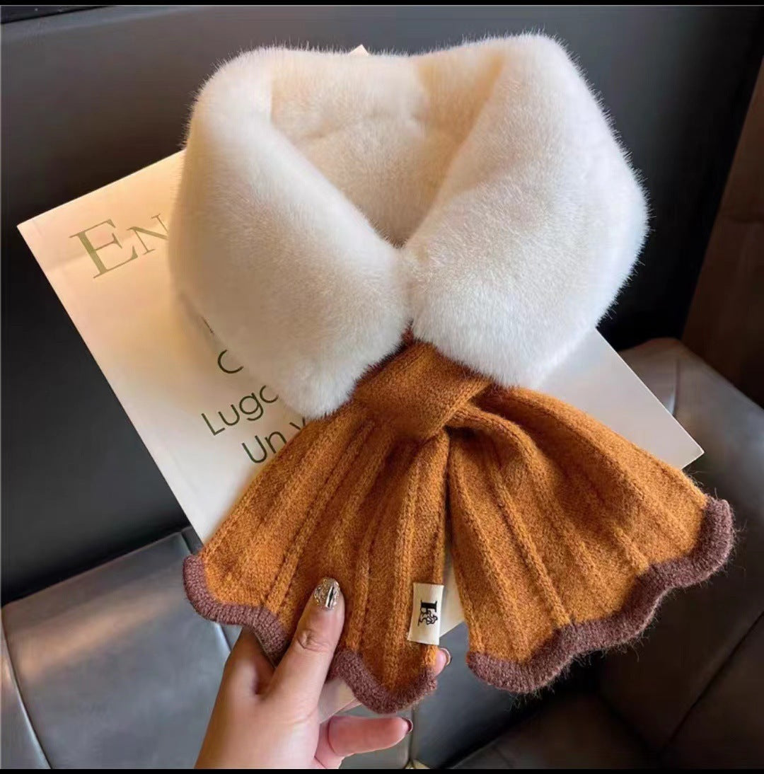 Korean Style Knitted Fishtail Stitching Furry Imitate Rex Rabbit Scarfs