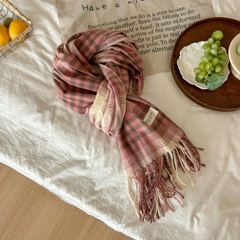 Soft Glutinous Plaid Tassel Female Korean Versatile Widen Thicken Scarfs