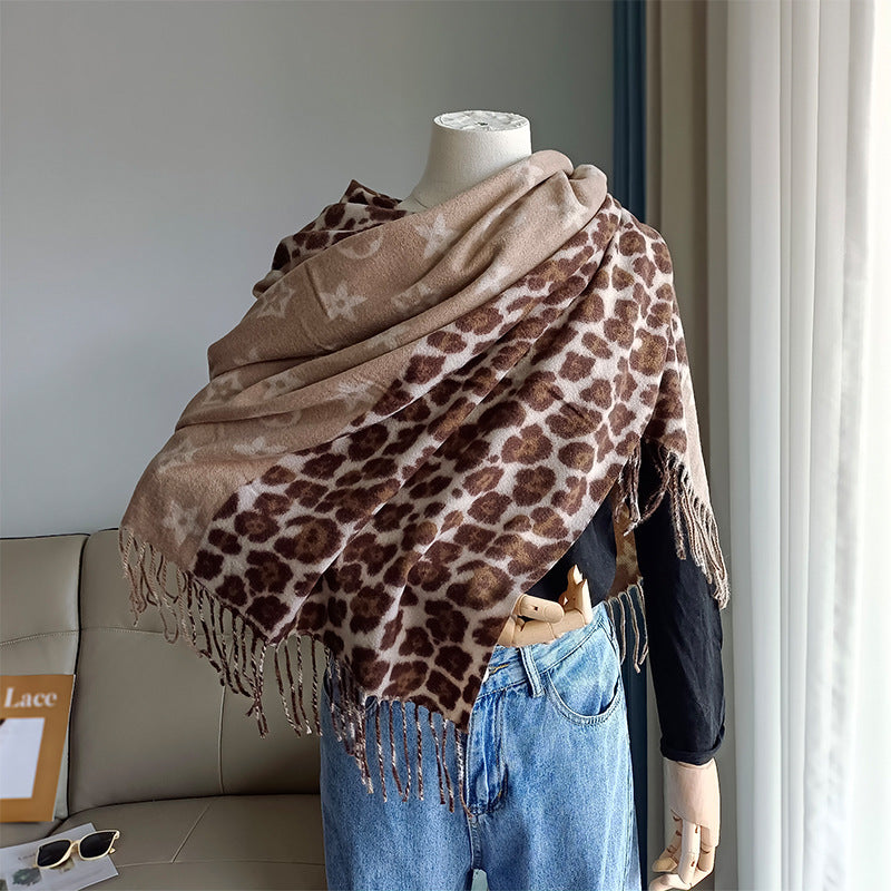 Women's Leopard Print Thickened Cashmere Tassel Shawl Scarfs