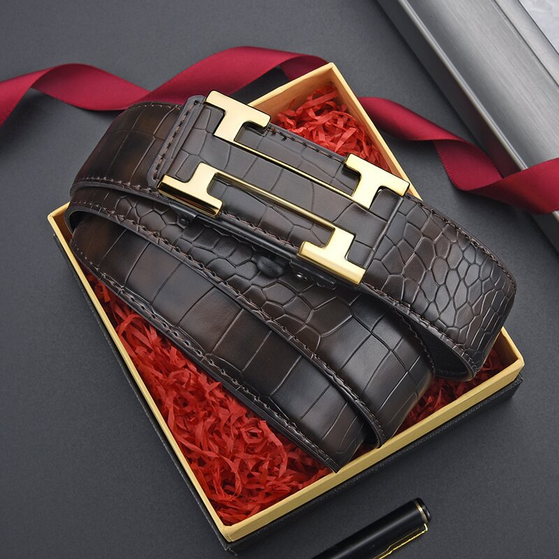 Men's Inner Wear Automatic Buckle Crocodile Pattern Cowhide Simple Belts