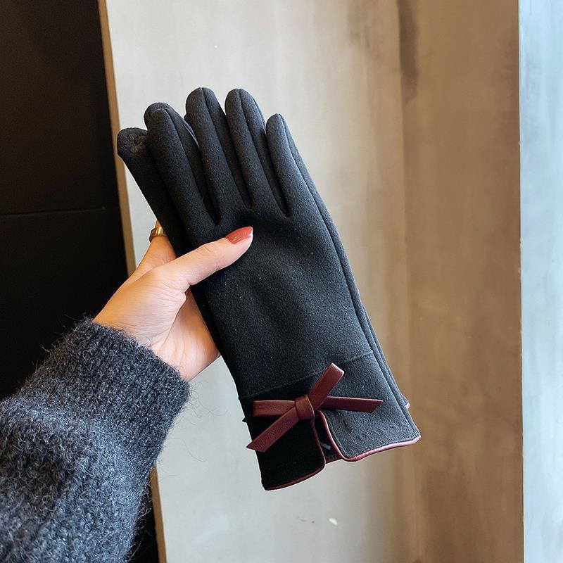 Women's Korean Cute Bow Fleece-lined Thickened Electric Car Gloves